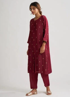 Maroon Pure Chanderi Silk Embroidered Kurta Semi Palazzo Set Party Wear -C Bazaar Shop maroon pure chanderi silk embroidered kurta semi palazzo set krsdvcsvks46 u