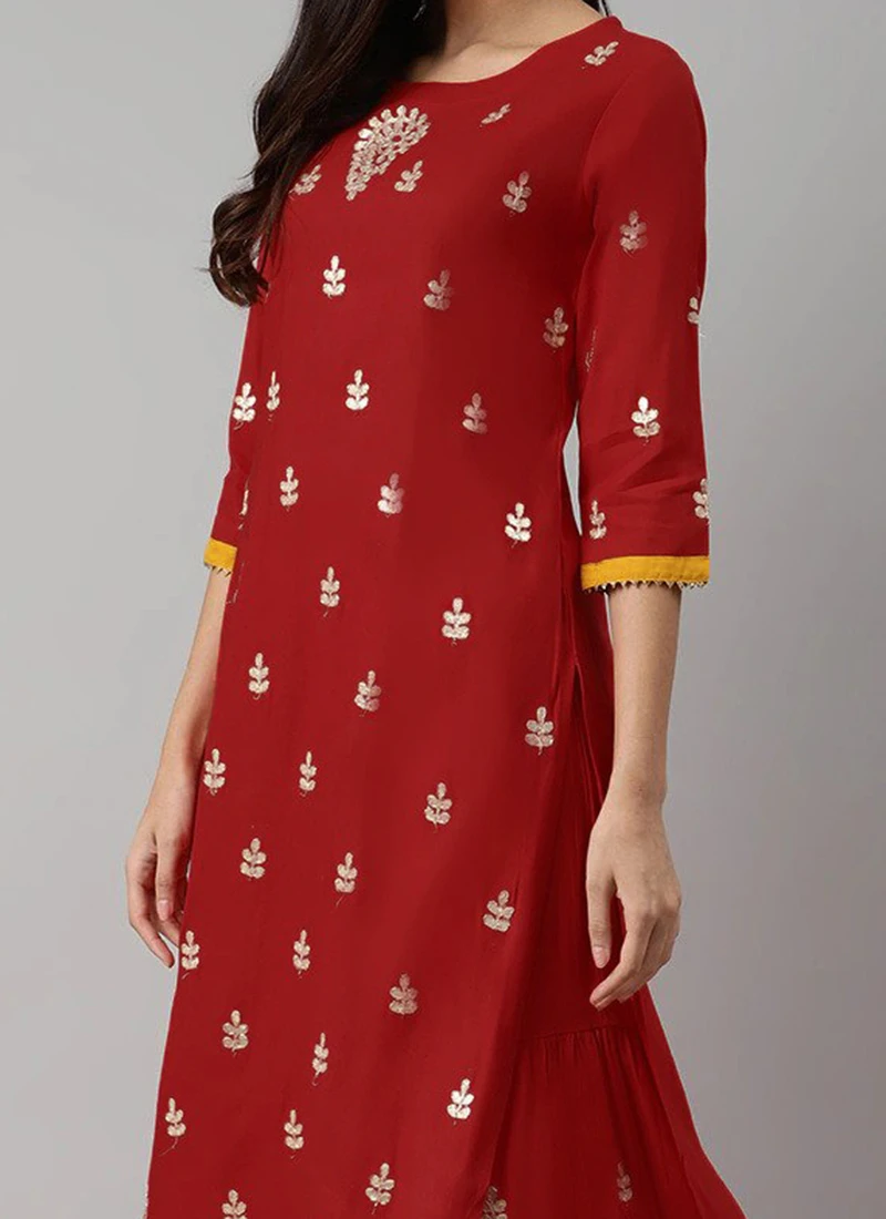 Maroon Rayon Embroidery Kurta Sharara Set Party Wear 1 Maroon Rayon Embroidery Kurta Sharara Set Party Wear