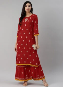 Maroon Rayon Embroidery Kurta Sharara Set Party Wear 6 Maroon Rayon Embroidery Kurta Sharara Set Party Wear -C Bazaar Shop maroon rayon embroidery kurta sharara set krsdmf7142g u
