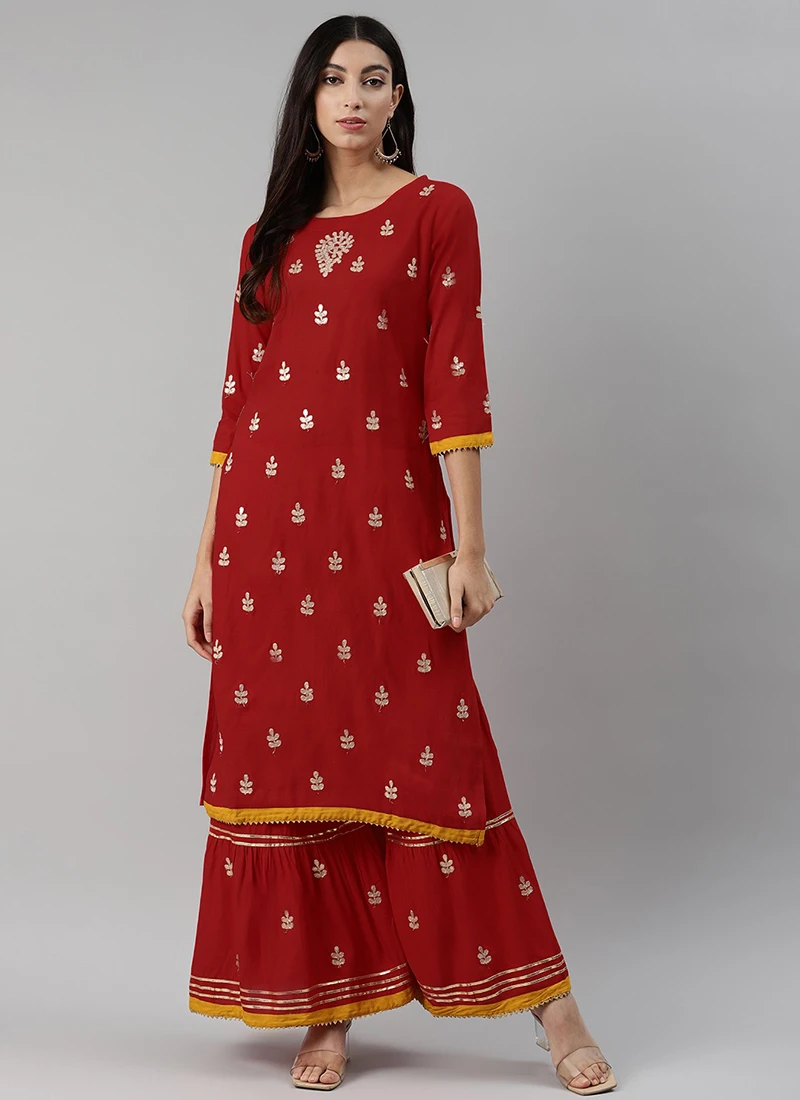 Maroon Rayon Embroidery Kurta Sharara Set Party Wear 3 Maroon Rayon Embroidery Kurta Sharara Set Party Wear - Image 3