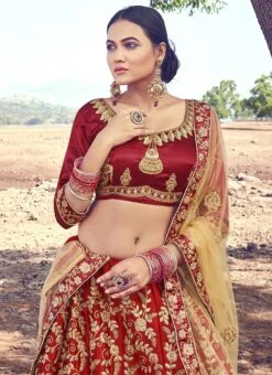 Maroon Satin Silk Embroidered A Line Lehenga Party Wear -C Bazaar Shop maroon satin silk embroidered a line lehenga ghssitmtv39606 b