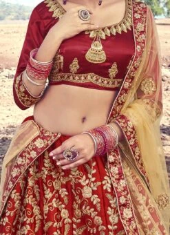Maroon Satin Silk Embroidered A Line Lehenga Party Wear