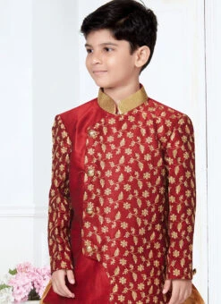 Maroon Silk Jacquard Indowestern Sherwani Party Wear -C Bazaar Shop maroon silk jacquard indowestern sherwani kdbmsgr507 b