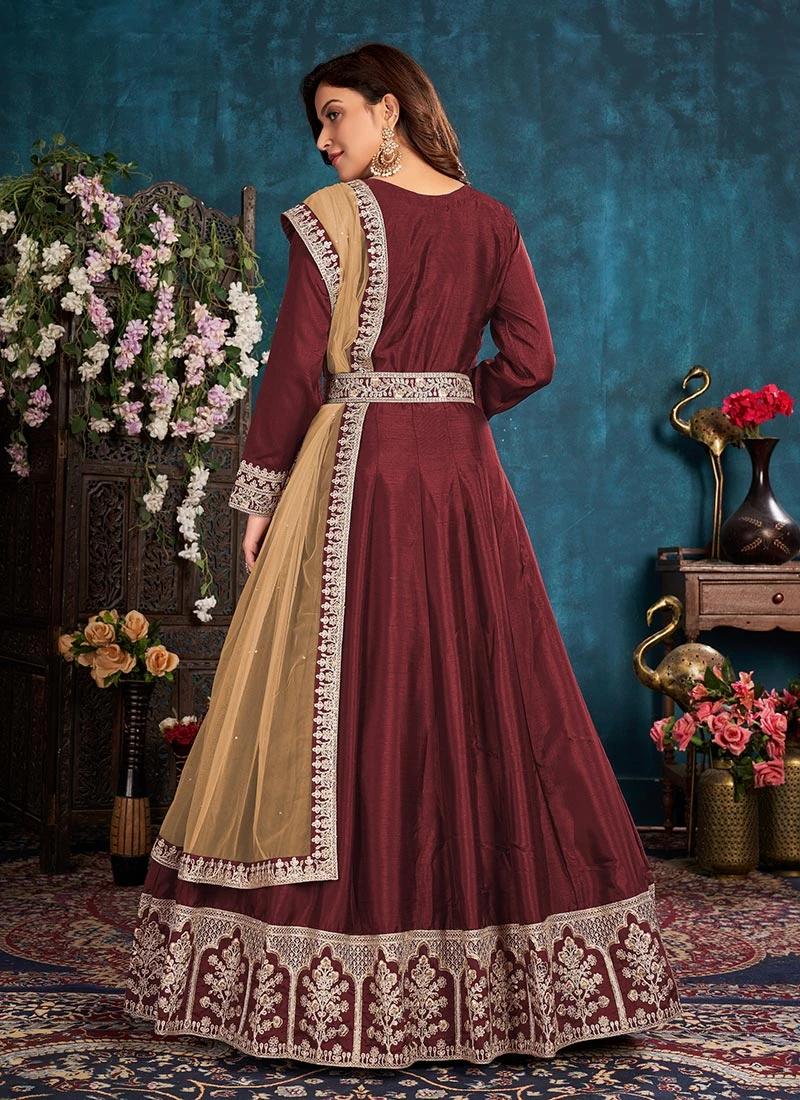 Maroon Soft Art Silk Embroidered N Sequins Anarkali Suit Wedding Wear 4 Maroon Soft Art Silk Embroidered N Sequins Anarkali Suit Wedding Wear - Image 4