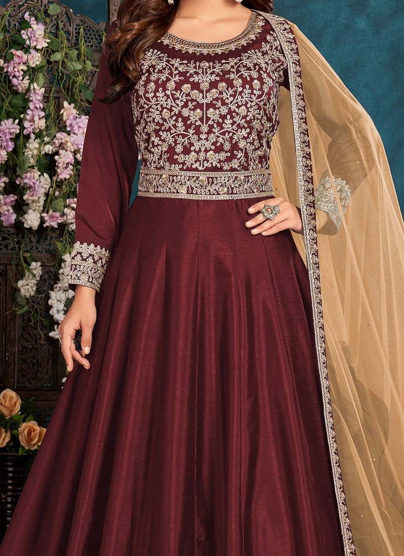 Maroon Soft Art Silk Embroidered N Sequins Anarkali Suit Wedding Wear 1 Maroon Soft Art Silk Embroidered N Sequins Anarkali Suit Wedding Wear