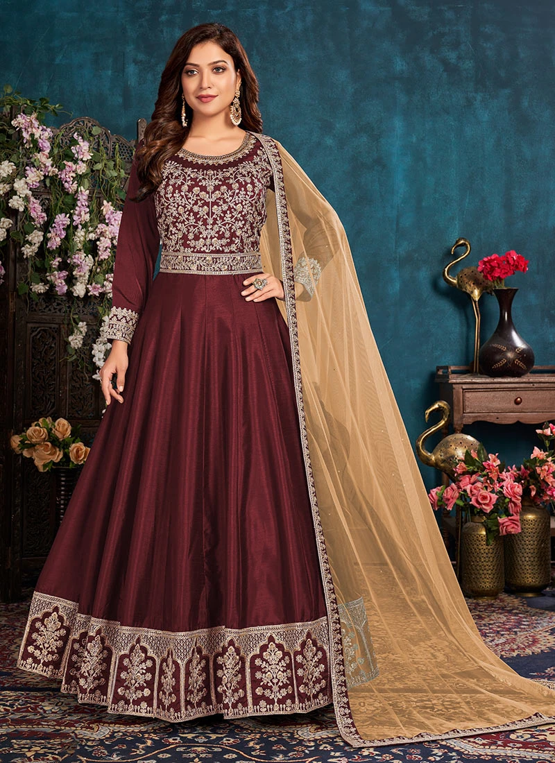 Maroon Soft Art Silk Embroidered N Sequins Anarkali Suit Wedding Wear 3 Maroon Soft Art Silk Embroidered N Sequins Anarkali Suit Wedding Wear - Image 3
