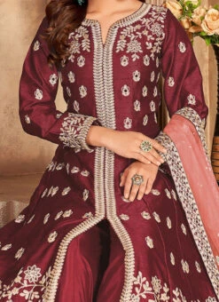 Maroon Soft Art Silk Mirror Embroidery Anarkali Suit Party Wear