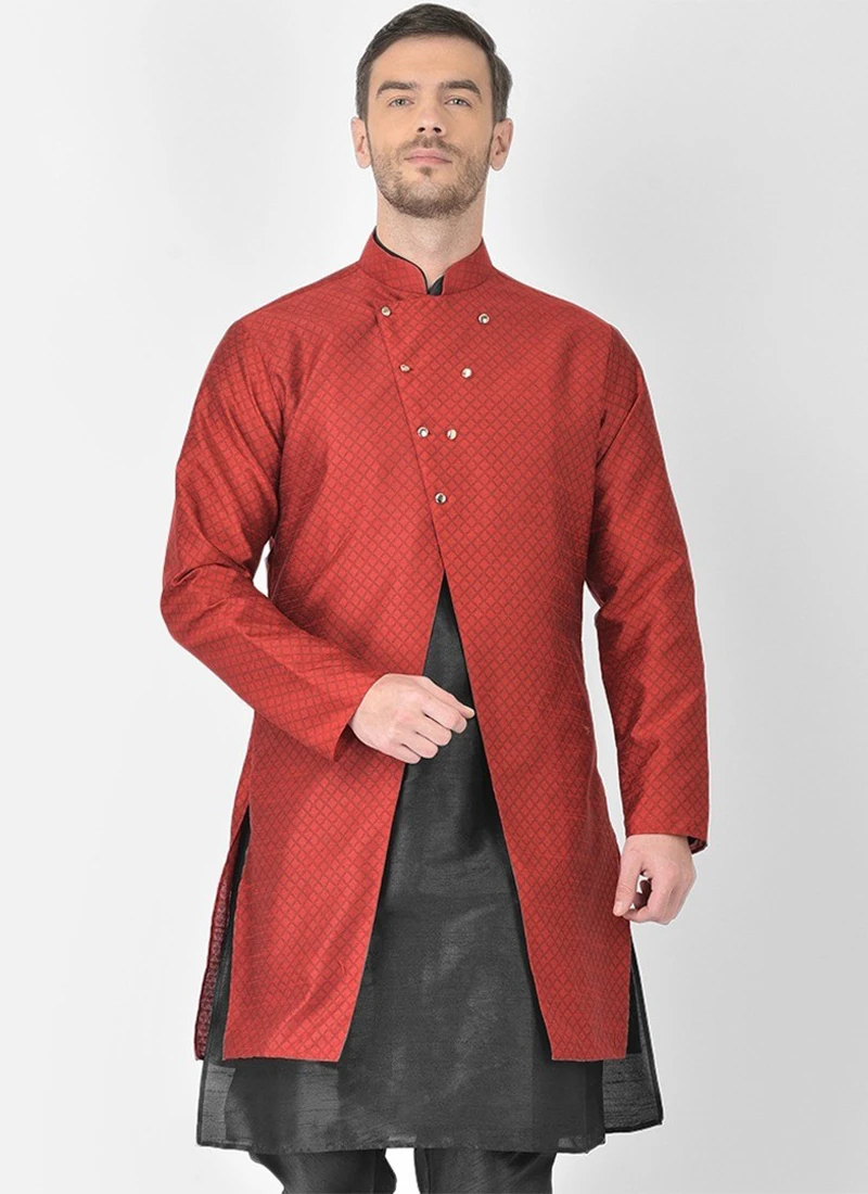 Maroon Textured Dupion Silk Nehru Jacket 2 Maroon Textured Dupion Silk Nehru Jacket - Image 2