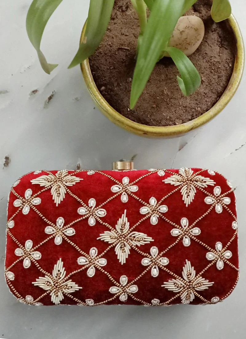 Maroon Velvet Designer Clutch 2 Maroon Velvet Designer Clutch - Image 2