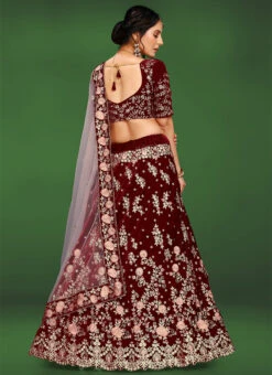 Maroon Velvet Embroidered A Line Lehenga Wedding Wear -C Bazaar Shop maroon velvet embroidered a line lehenga ghsyerk35 b
