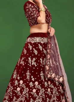 Maroon Velvet Embroidered A Line Lehenga Wedding Wear