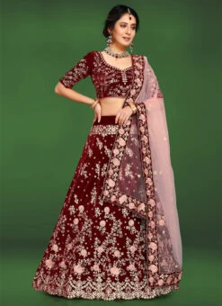 Maroon Velvet Embroidered A Line Lehenga Wedding Wear -C Bazaar Shop maroon velvet embroidered a line lehenga ghsyerk35 u