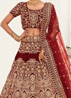 Maroon Velvet Embroidered N Sequins Work Wedding Umbrella Lehenga Wedding Wear