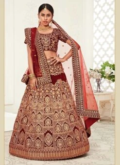 Maroon Velvet Embroidered N Sequins Work Wedding Umbrella Lehenga Wedding Wear -C Bazaar Shop maroon velvet embroidered n sequins work wedding umbrella lehenga ghsaj42337710 u