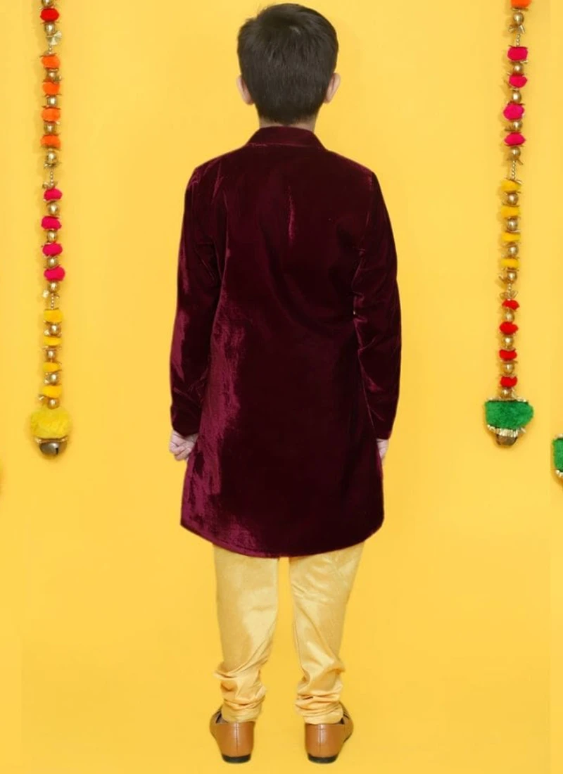 Maroon Velvet Kids Boys Classic Sherwani Party Wear 3 Maroon Velvet Kids Boys Classic Sherwani Party Wear - Image 3