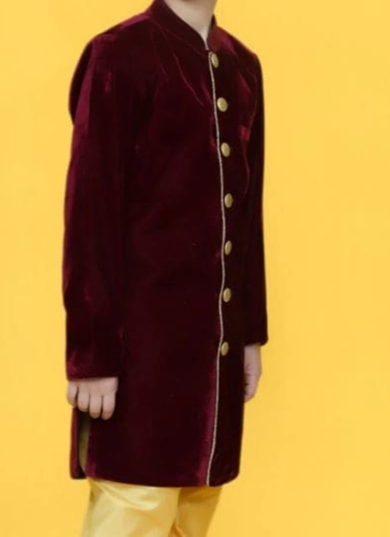 Maroon Velvet Kids Boys Classic Sherwani Party Wear 1 Maroon Velvet Kids Boys Classic Sherwani Party Wear