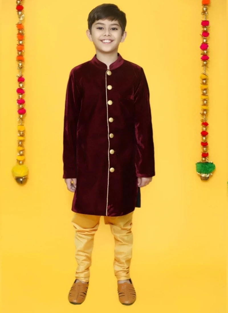 Maroon Velvet Kids Boys Classic Sherwani Party Wear 2 Maroon Velvet Kids Boys Classic Sherwani Party Wear - Image 2