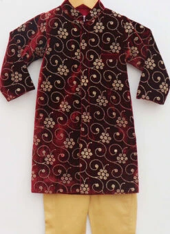 Maroon Velvet Printed Ajkan Sherwani Party Wear