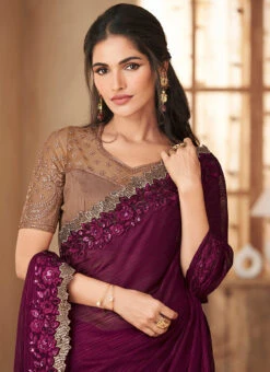 Mauve Chiffon Georgette Embroidered Saree Party Wear -C Bazaar Shop mauve chiffon georgette embroidered saree samkns123412006 b