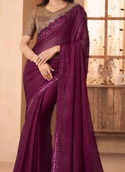 Mauve Chiffon Georgette Embroidered Saree Party Wear