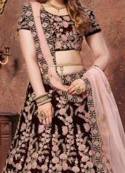 Mauve Velvet A Line Lehenga Wedding Wear