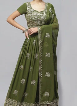 Mehendi Georgette Embroidered A Line Lehenga Party Wear