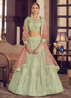 Mint Green Crepe Embroidered N Stones A Line Lehenga Wedding Wear -C Bazaar Shop mint green crepe embroidered n stones a line lehenga ghmkns9406 u