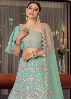 Mint Green Organza Mirror Embroidered A Line Lehenga Wedding Wear 7 Mint Green Organza Mirror Embroidered A Line Lehenga Wedding Wear -C Bazaar Shop mint green organza mirror embroidered a line lehenga ghmkns9703 b