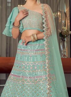 Mint Green Organza Mirror Embroidered A Line Lehenga Wedding Wear