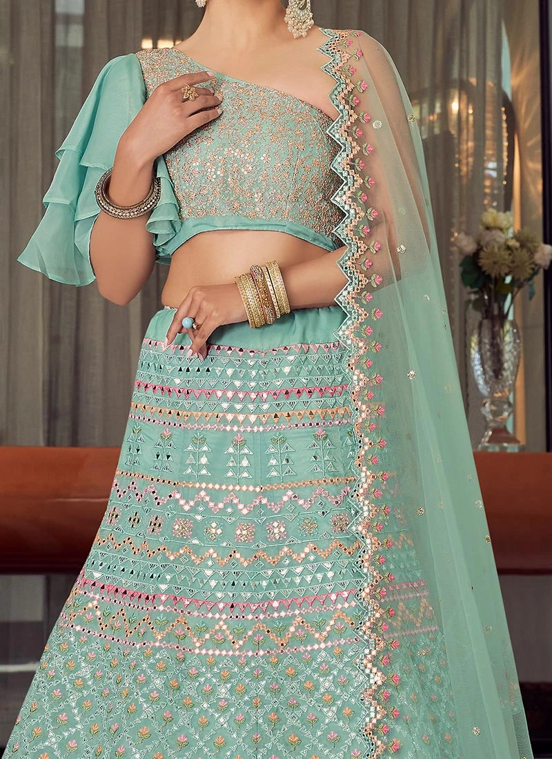 Mint Green Organza Mirror Embroidered A Line Lehenga Wedding Wear 1 Mint Green Organza Mirror Embroidered A Line Lehenga Wedding Wear