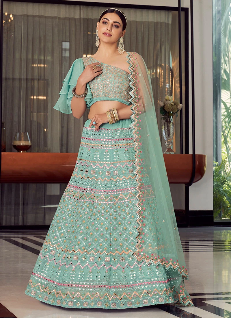 Mint Green Organza Mirror Embroidered A Line Lehenga Wedding Wear 3 Mint Green Organza Mirror Embroidered A Line Lehenga Wedding Wear - Image 3