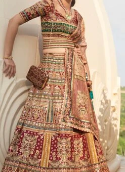 Multicolor Art Silk Banarasi Mirror Work Umbrella Lehenga Wedding Wear