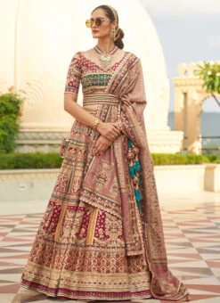 Multicolor Art Silk Banarasi Mirror Work Umbrella Lehenga Wedding Wear -C Bazaar Shop multicolor art silk banarasi mirror work umbrella lehenga ghsli210109 u