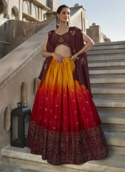 Multicolor Chinon Silk Embellished Mirror Work Lehenga Choli Party Wear -C Bazaar Shop multicolor chinon silk embellished mirror work lehenga choli ghsom302305 u