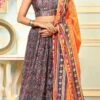 Multicolor Satin Silk N Orange Dupatta Digital Printed Work A Line Lehenga Festive Wear