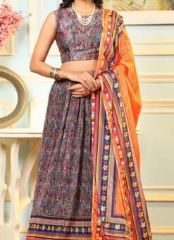 Multicolor Satin Silk N Orange Dupatta Digital Printed Work A Line Lehenga Festive Wear