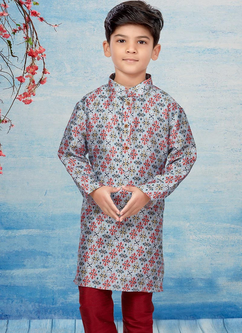 Multicolor Silk Dupion Printed Kids Kurta Pyjama Party Wear 3 Multicolor Silk Dupion Printed Kids Kurta Pyjama Party Wear - Image 3