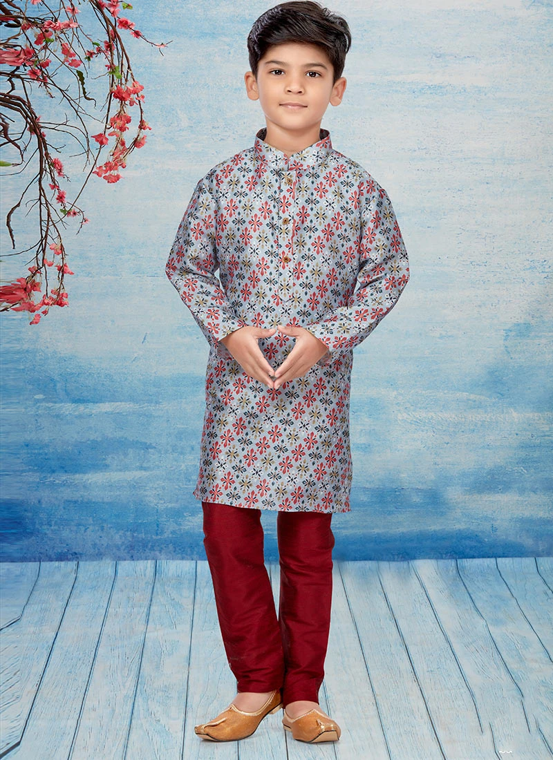 Multicolor Silk Dupion Printed Kids Kurta Pyjama Party Wear 2 Multicolor Silk Dupion Printed Kids Kurta Pyjama Party Wear - Image 2
