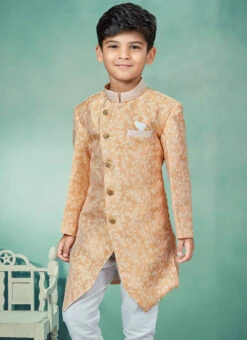 Mustard Art Silk Jacquard Indowestern Sherwani Party Wear -C Bazaar Shop mustard art silk jacquard indowestern sherwani kdbmsgrk549 b