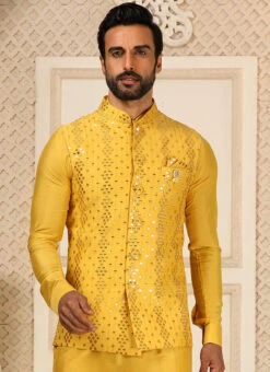 Mustard Art Silk Mirror Work Bandi Set Party Wear 5 Mustard Art Silk Mirror Work Bandi Set Party Wear -C Bazaar Shop mustard art silk mirror work bandi set kpmac1350 b