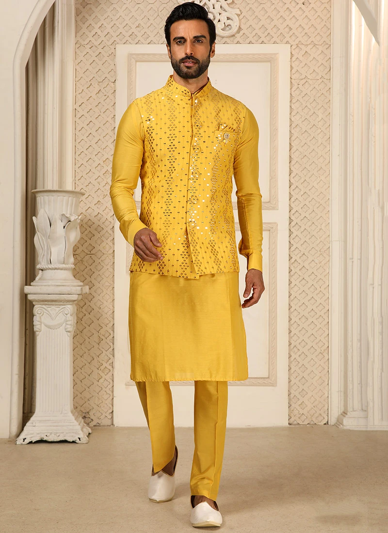 Mustard Art Silk Mirror Work Bandi Set Party Wear 2 Mustard Art Silk Mirror Work Bandi Set Party Wear - Image 2