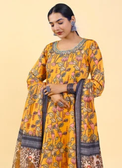 Mustard Art Silk Printed Gown After Six Wear -C Bazaar Shop mustard art silk printed gown bgwrsuf705 b