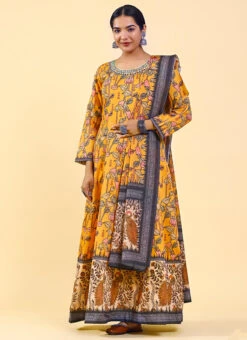 Mustard Art Silk Printed Gown After Six Wear -C Bazaar Shop mustard art silk printed gown bgwrsuf705 u