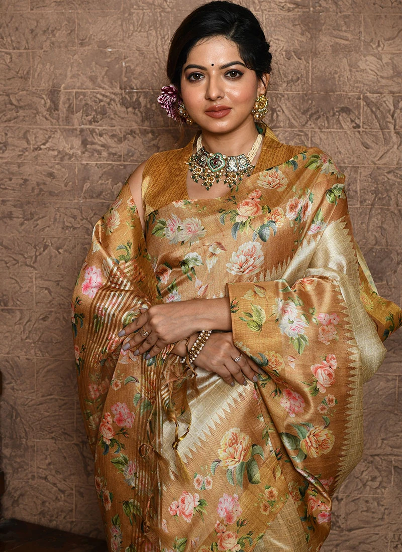 Mustard Art Silk Printed Saree Festive Wear 4 Mustard Art Silk Printed Saree Festive Wear - Image 4