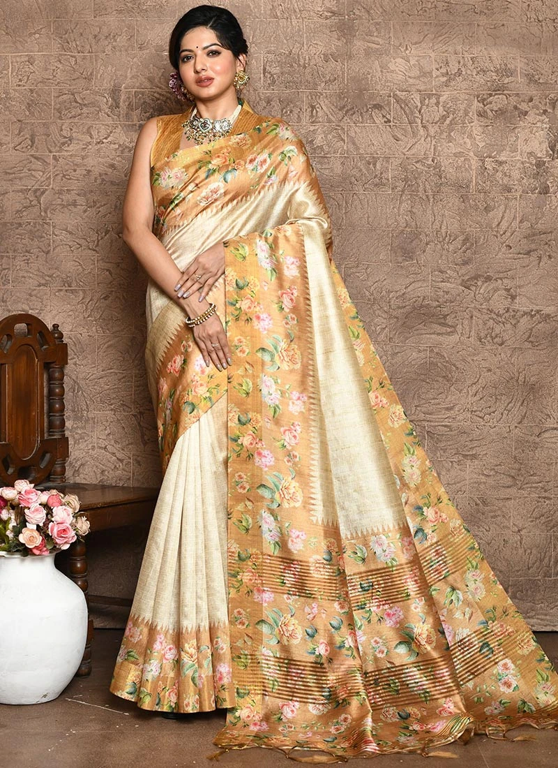 Mustard Art Silk Printed Saree Festive Wear 3 Mustard Art Silk Printed Saree Festive Wear - Image 3