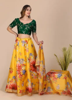 Mustard Bangalori Silk Digital Printed Umbrella Lehenga Party Wear -C Bazaar Shop mustard bangalori silk digital printed umbrella lehenga ghswe10102 u