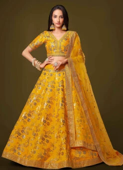 Mustard Art Silk Embroidered Umbrella Lehenga Party Wear -C Bazaar Shop mustard color art silk embroidered umbrella lehenga ghska46427811 u