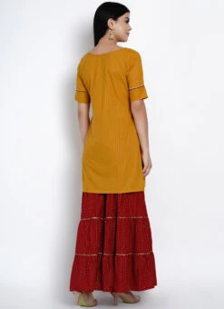 Mustard Cotton Kurta Sharara Set Work Wear -C Bazaar Shop mustard cotton kurta sharara set krsdrnr414 b