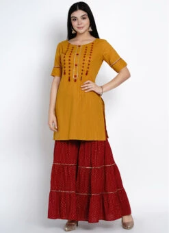 Mustard Cotton Kurta Sharara Set Work Wear -C Bazaar Shop mustard cotton kurta sharara set krsdrnr414 u