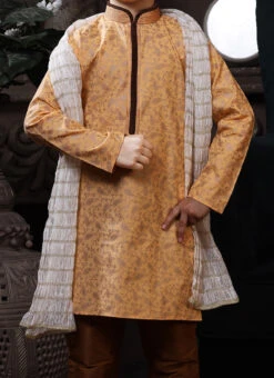 Mustard Cotton Printed Boys Kurta Pyjama Party Wear